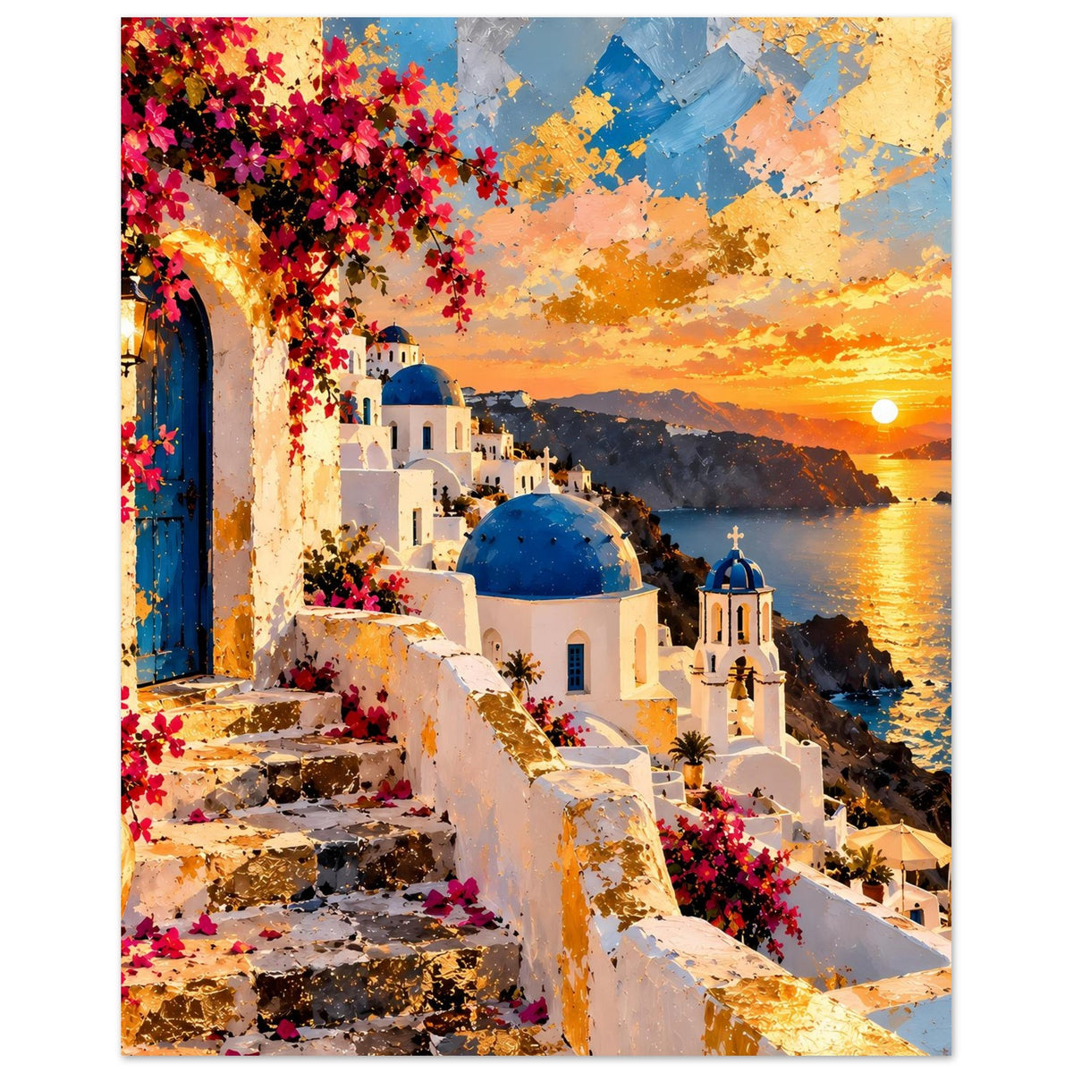 Poster mit Treppe, weißen Mauern, blauer Kuppel, roten Blüten und orangefarbenem Himmel