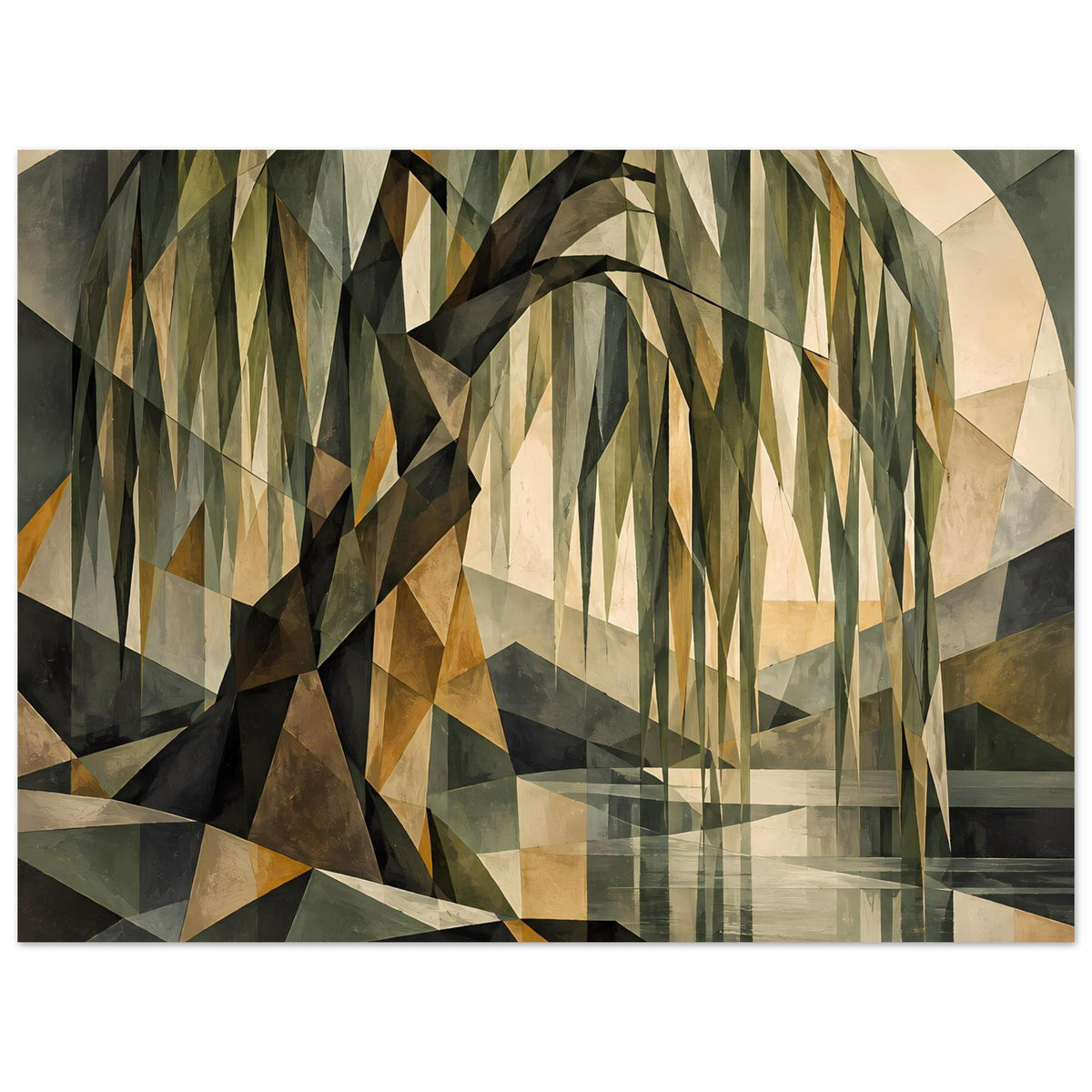 Geometrisches Baum-Poster im Querformat, geometrische Blätter und dunkler Stamm in Erdtönen