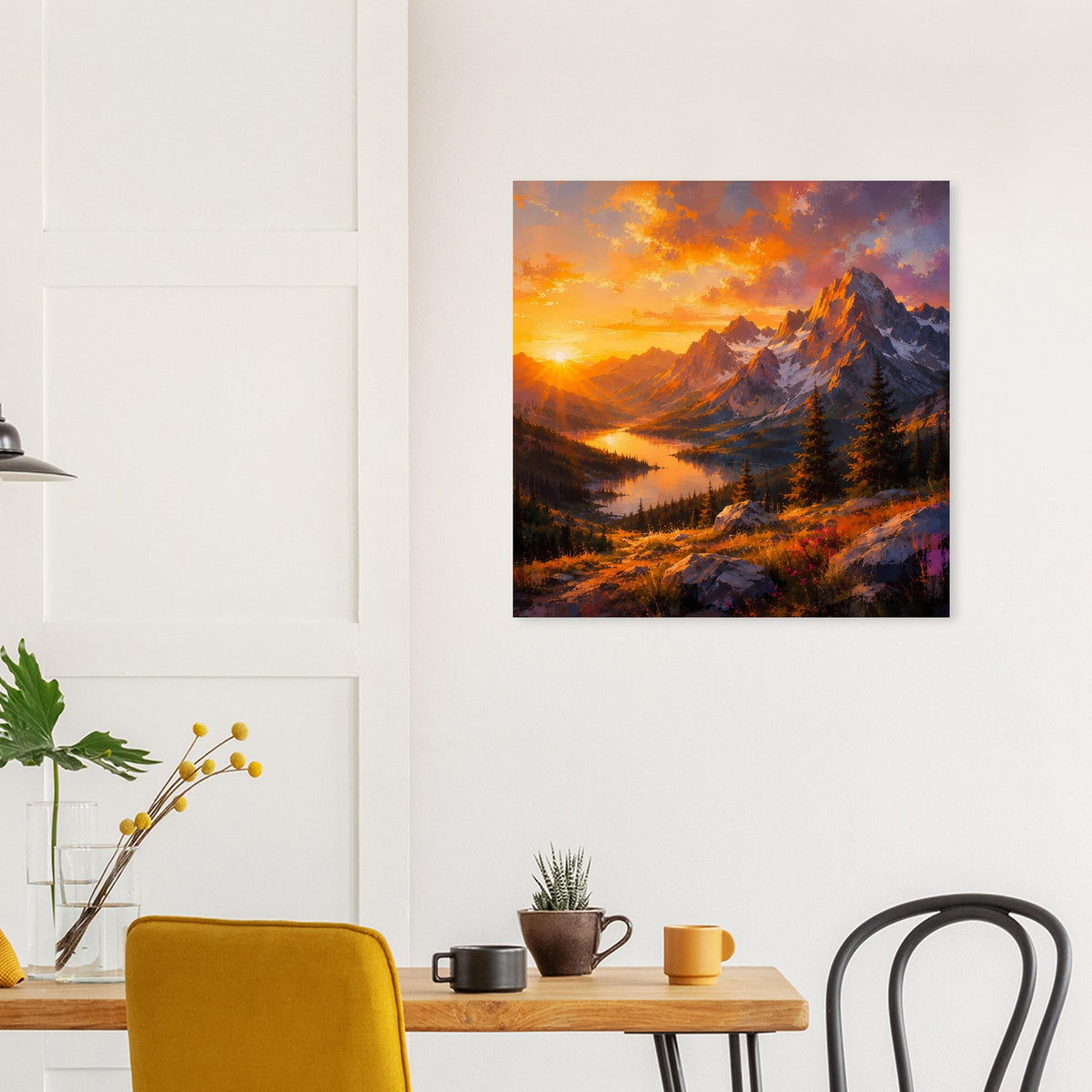 Quadratisches Poster mit Sonnenuntergang am Bergsee, Tannenwald und dramatischem Himmel