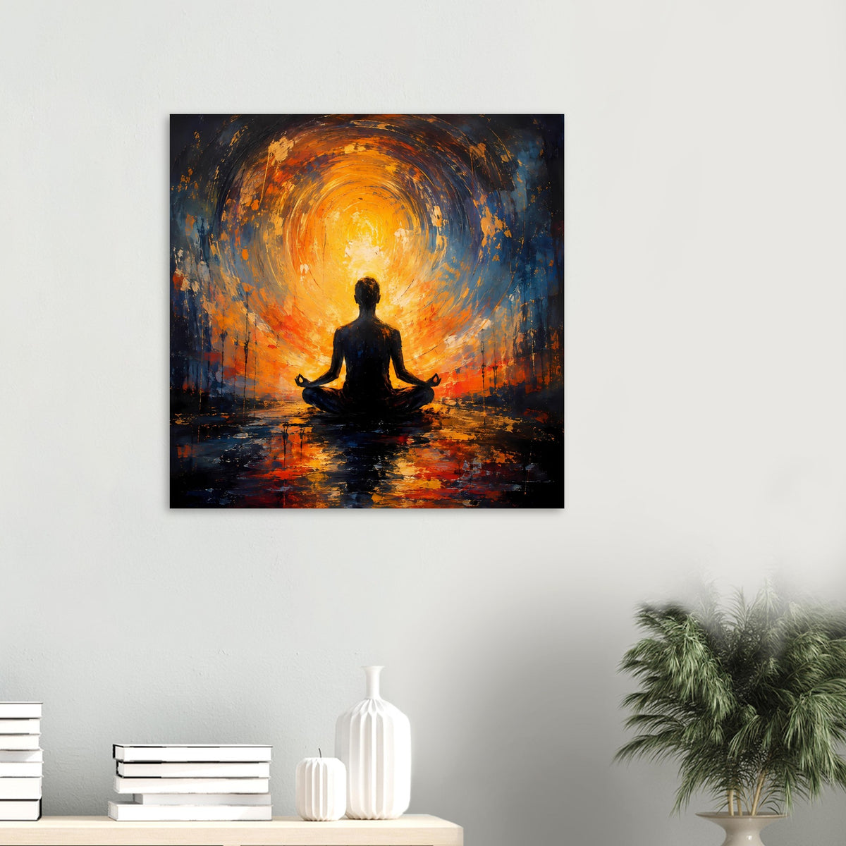 Abstraktes Poster, mittig: Meditationsfigur vor orange-blauem Sonnenkreis und Farbverläufen