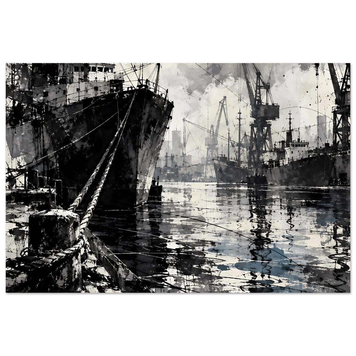 Hafenposter mit Schiff am Kai, Hafenkränen und Spiegelungen im Wasser, schwarz-weiß
