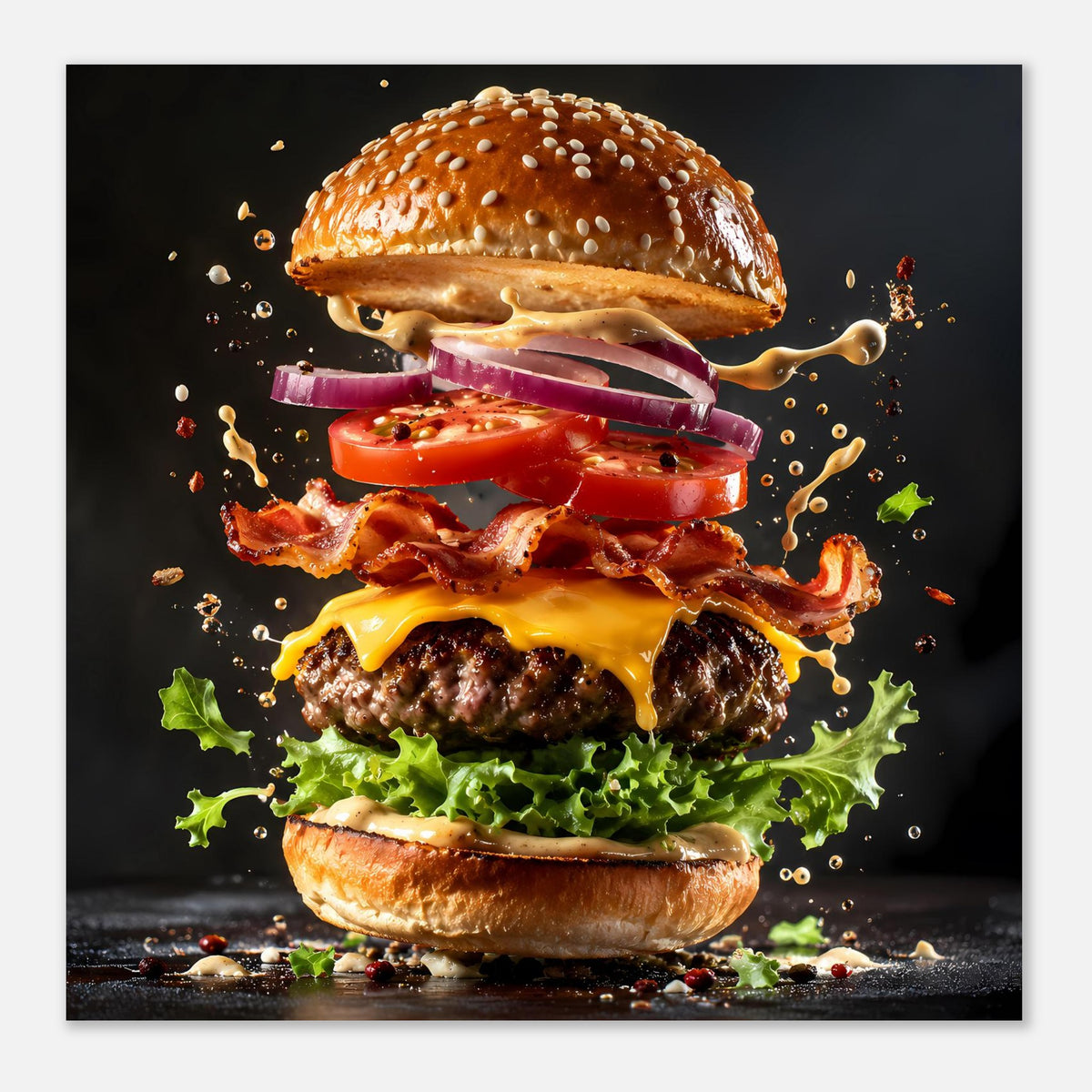 Burger-Poster im Hochformat: Brötchenstapel mit Käsefluss, Tomaten, Zwiebeln und Salat