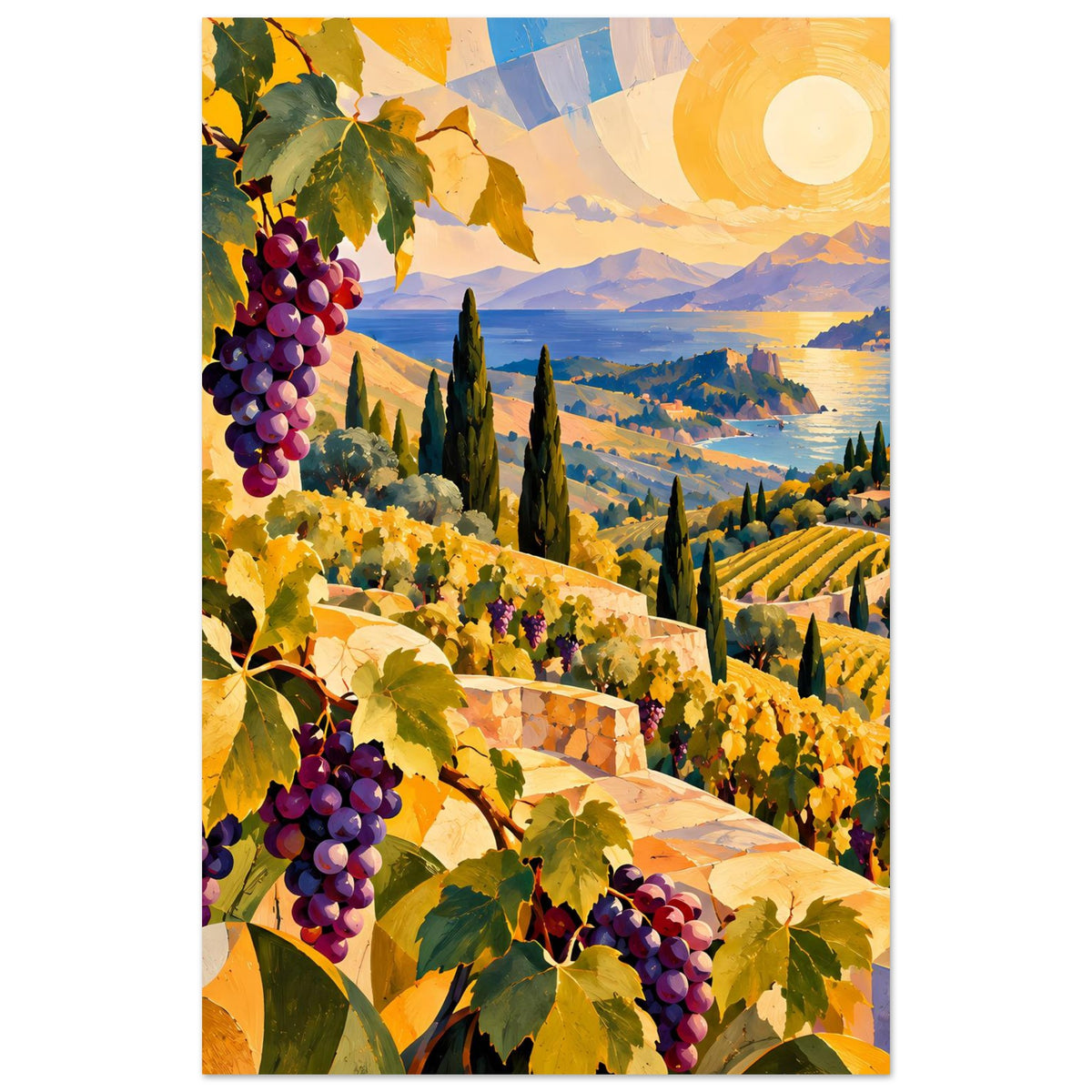 Landschaftsposter mit Weinreben und violetten Trauben im Vordergrund, Weinberge im Abendlicht