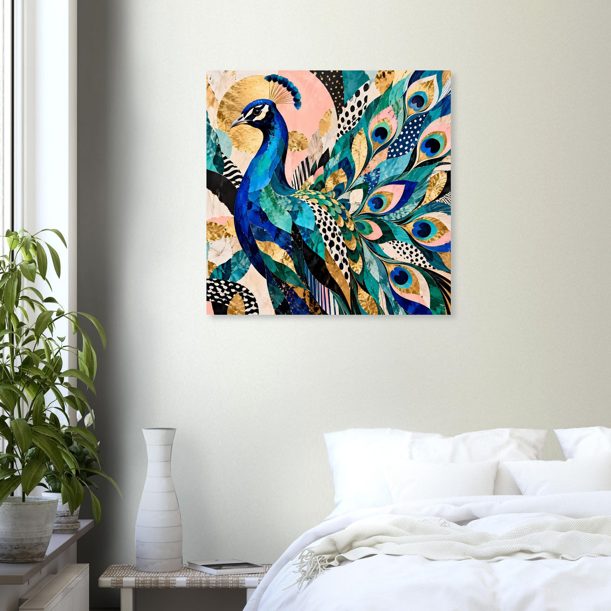 Quadratisches Kunstposter mit Pfau in Blau-Türkis und dekorativem Federmuster