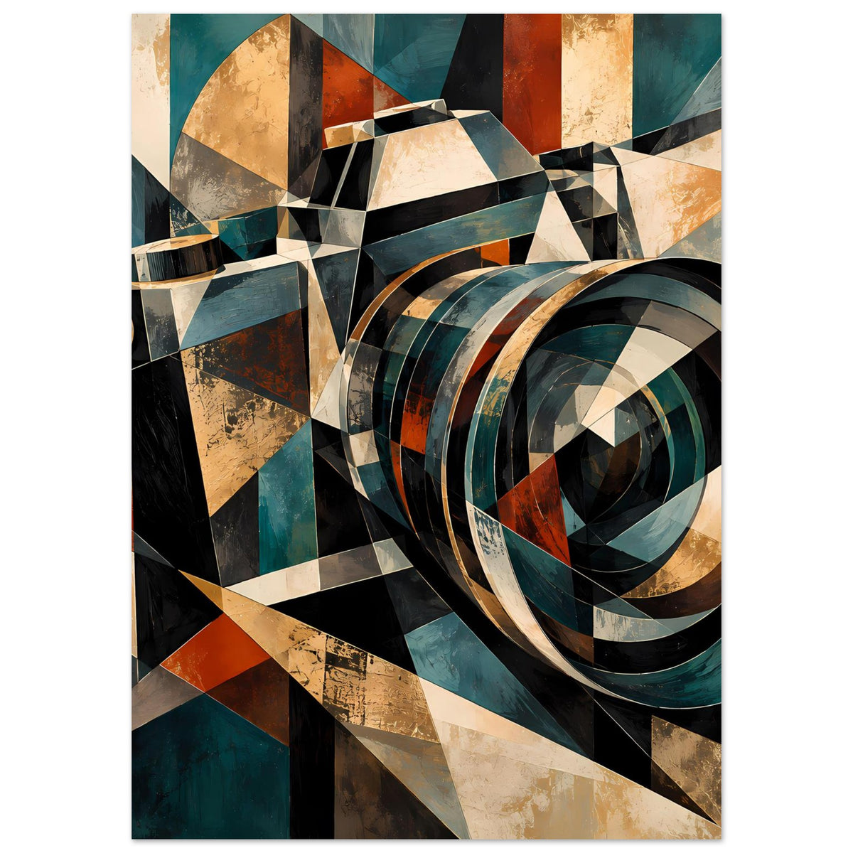 Geometrisches Kamera-Retroposter mit ringförmigem Motiv, Schrägen und Polygonen in Petrol und Gold