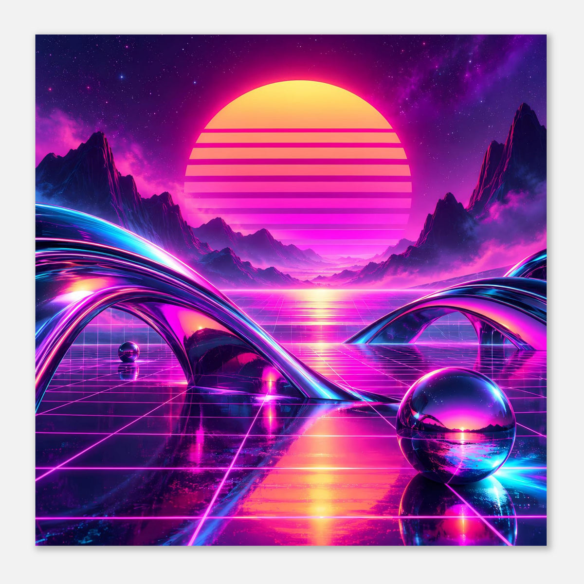 Neon-Science-Fiction-Poster mit Kreis-Sonne, Neonpfad, Grid-Boden, Glaskugel und Figuren