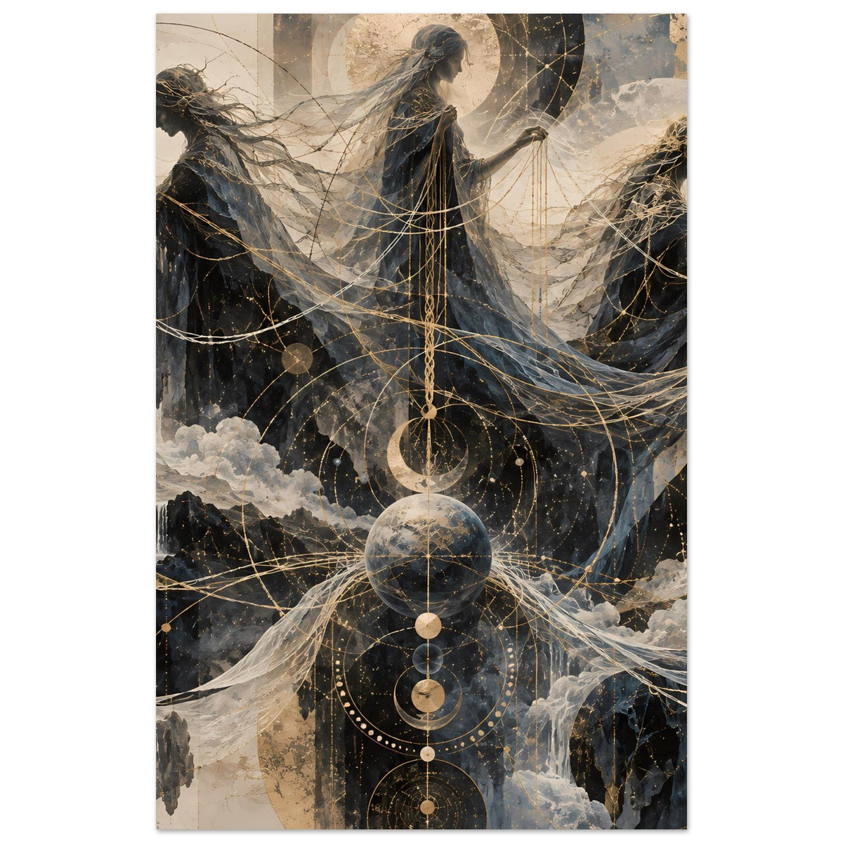 Posterdruck (hochkant) mit Engel-Figuren, kreisförmigen Halos und goldenen Fäden über Wolken