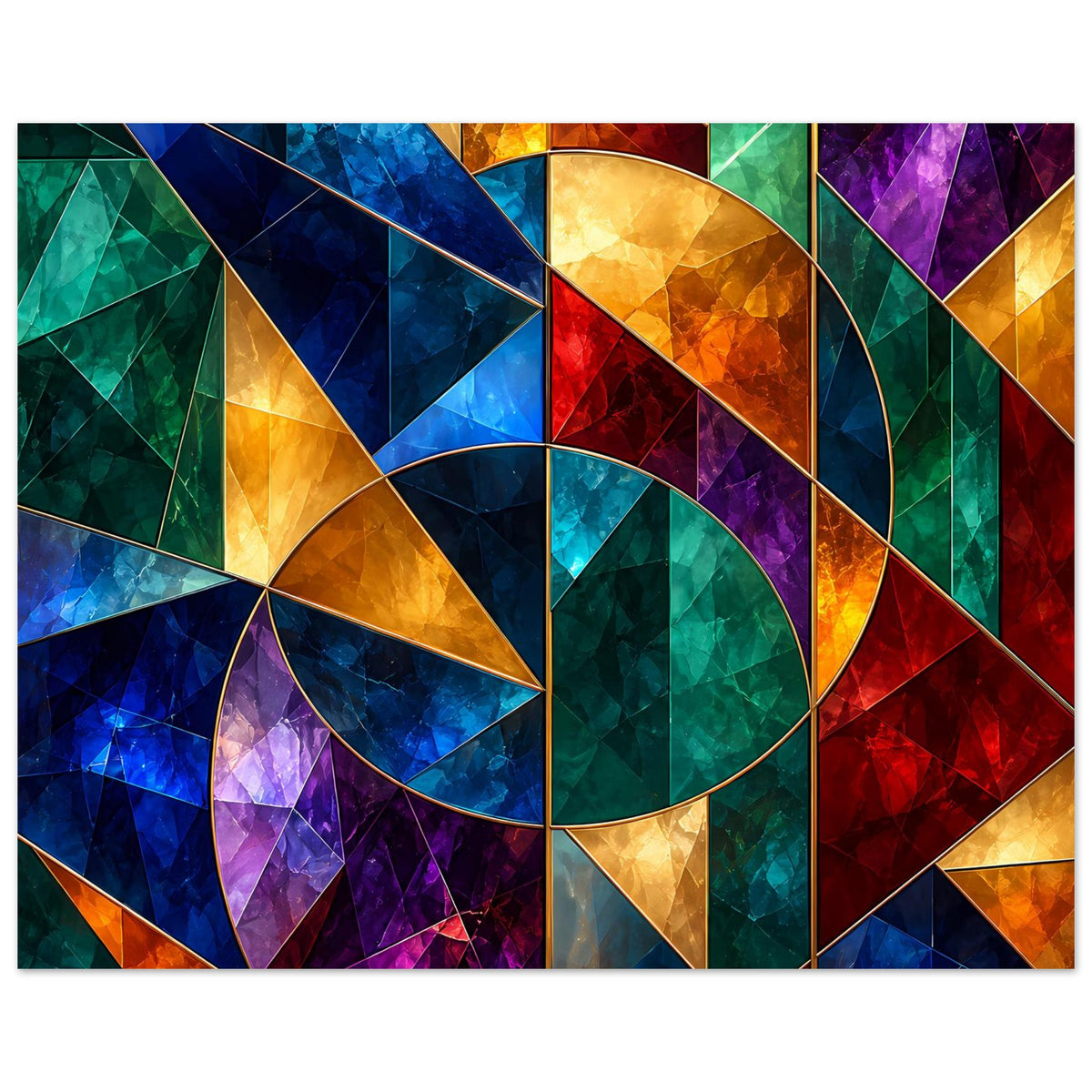 Buntes Glasfenster-Poster: geometrische Mosaikformen mit Kreis- und Dreieckssegmenten, Querformat
