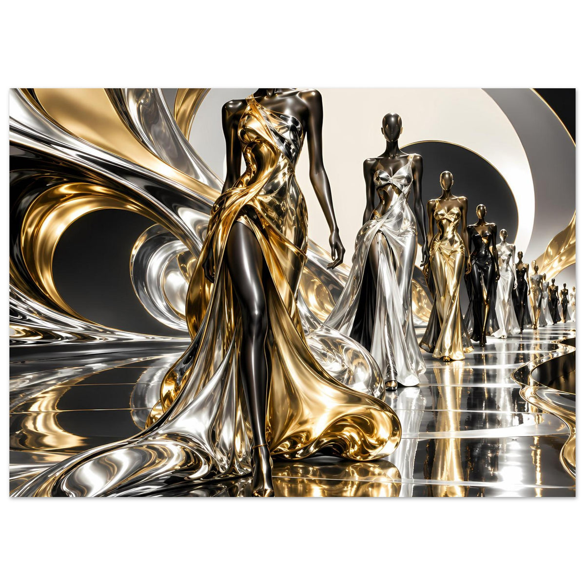 Gold-Silber Poster mit Reihe stehender Figuren, geschwungenen Wellen und Spiegelboden