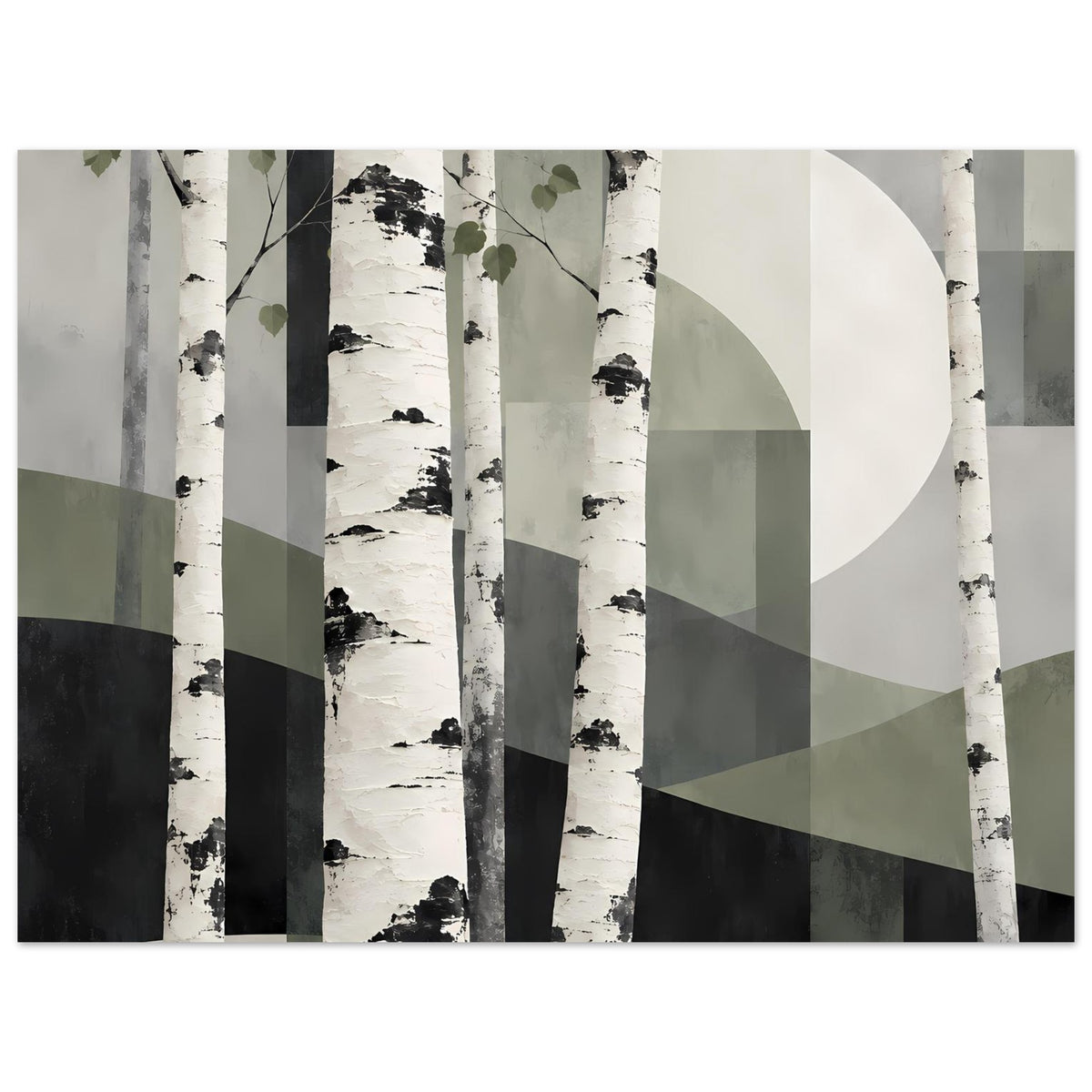 Naturposter mit Birkenwald, weiße Stämme und dunkle Akzente vor hellen, gedämpften Hintergründen