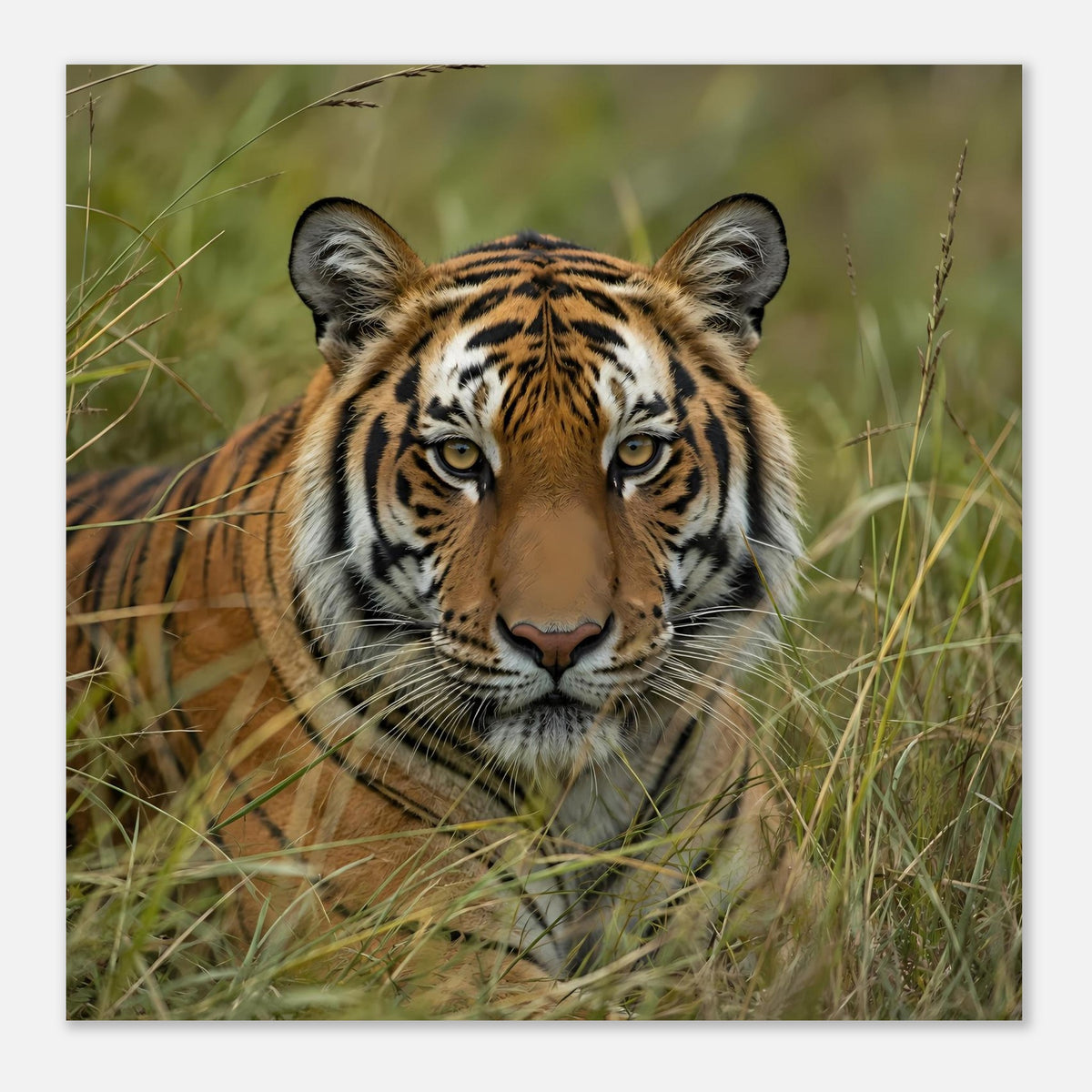 Tiger-Poster Nahaufnahme: Tigeraugen im Gras, quadratischer Druck