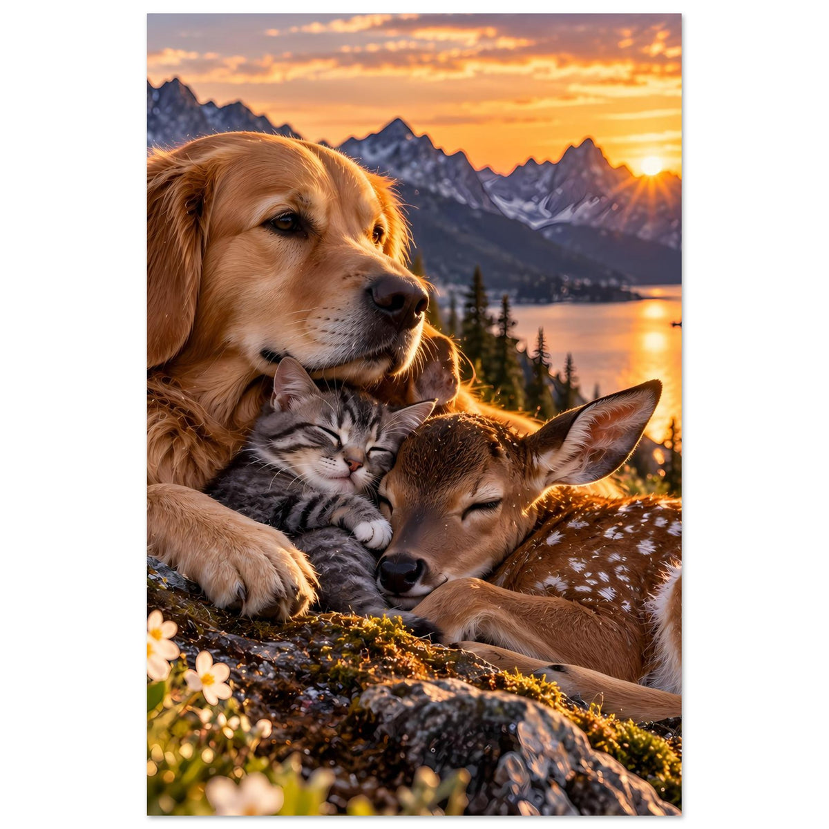 Poster mit Golden Retriever, Katze und Rehkalb im Sonnenuntergang, nahes Kuscheln