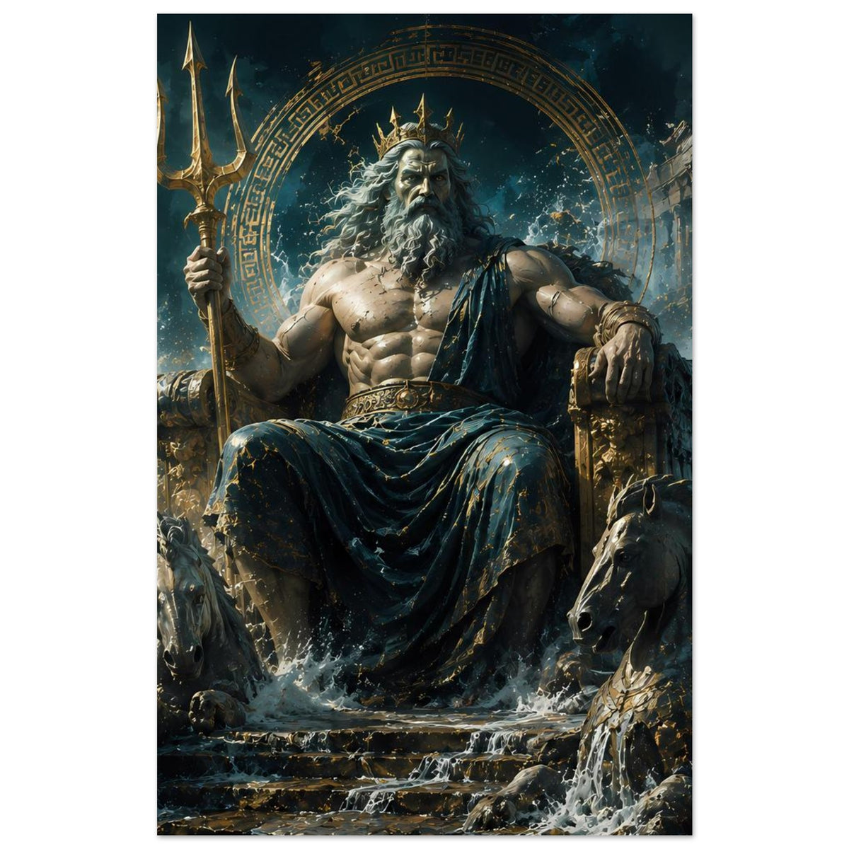 Poster im Hochformat: Meeresgott Poseidon auf Thron, Dreizack links, Pferd teilweise sichtbar