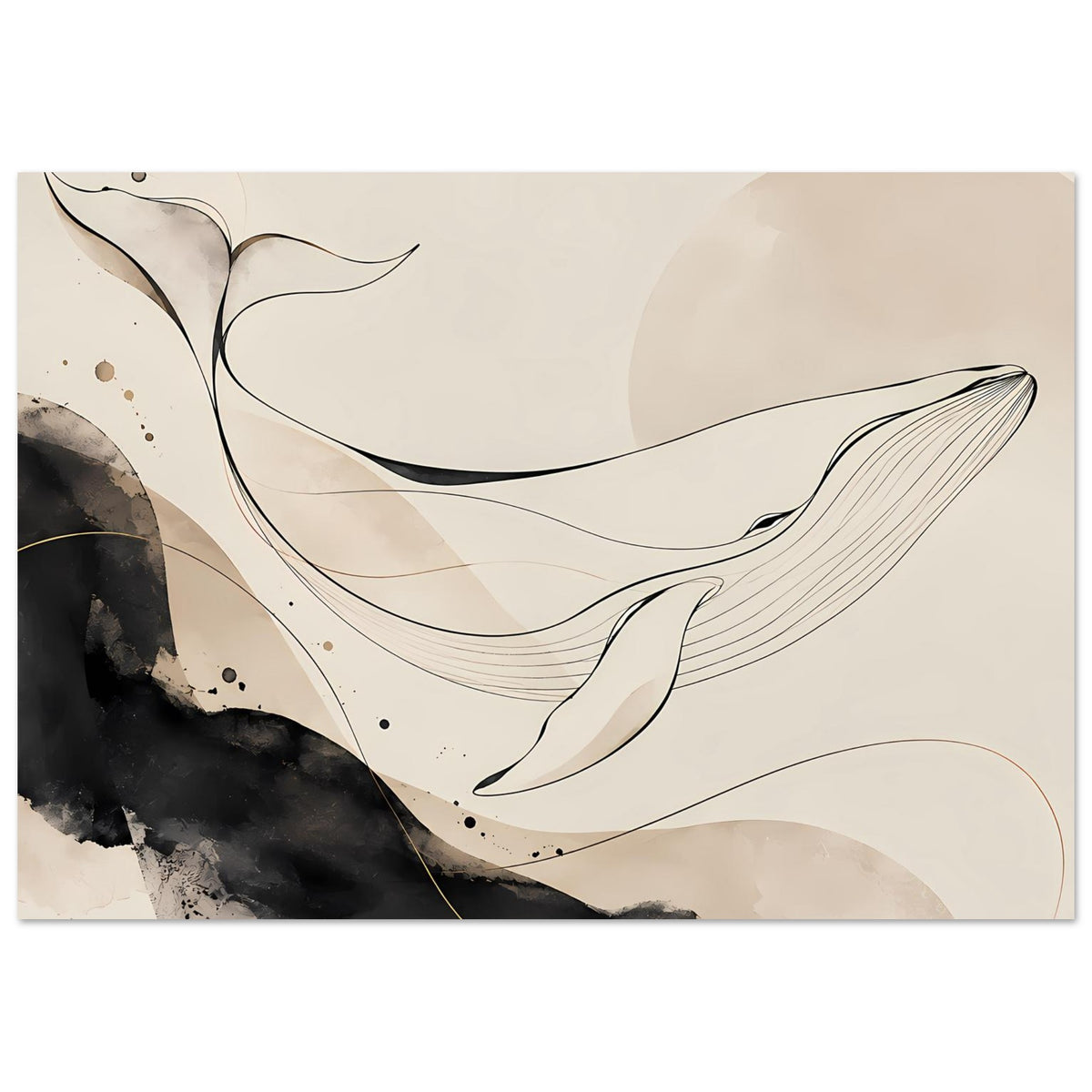 Abstraktes Wal-Meeresposter (horizontal) mit Wal-Silhouette aus Linien und erdigen Farbflecken.
