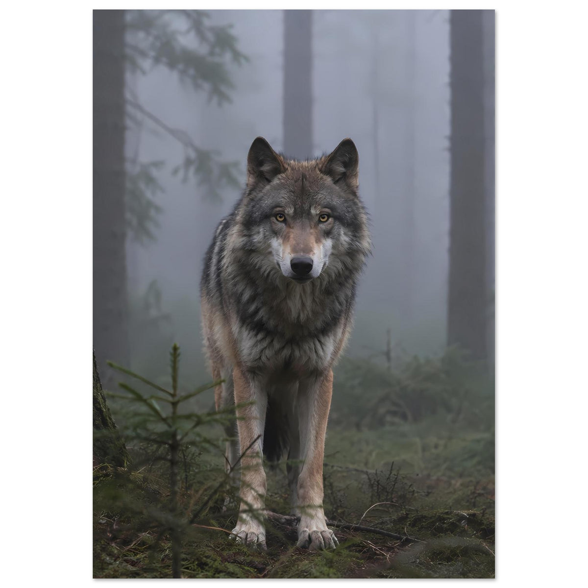 Wolfsposter im vertikalen Format: ganzer Wolf im Waldmotiv mit Nebelstimmung.