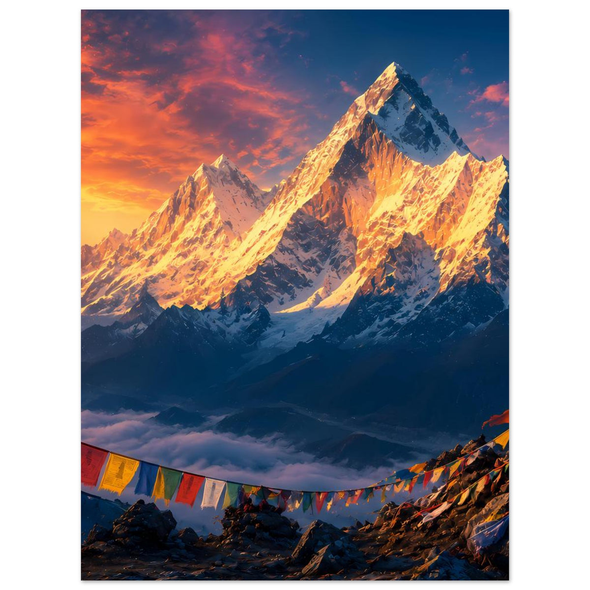 Poster mit Himalaya-Bergpanorama bei Sonnenaufgang, dramatischer Himmel, goldene Gipfelleuchten.