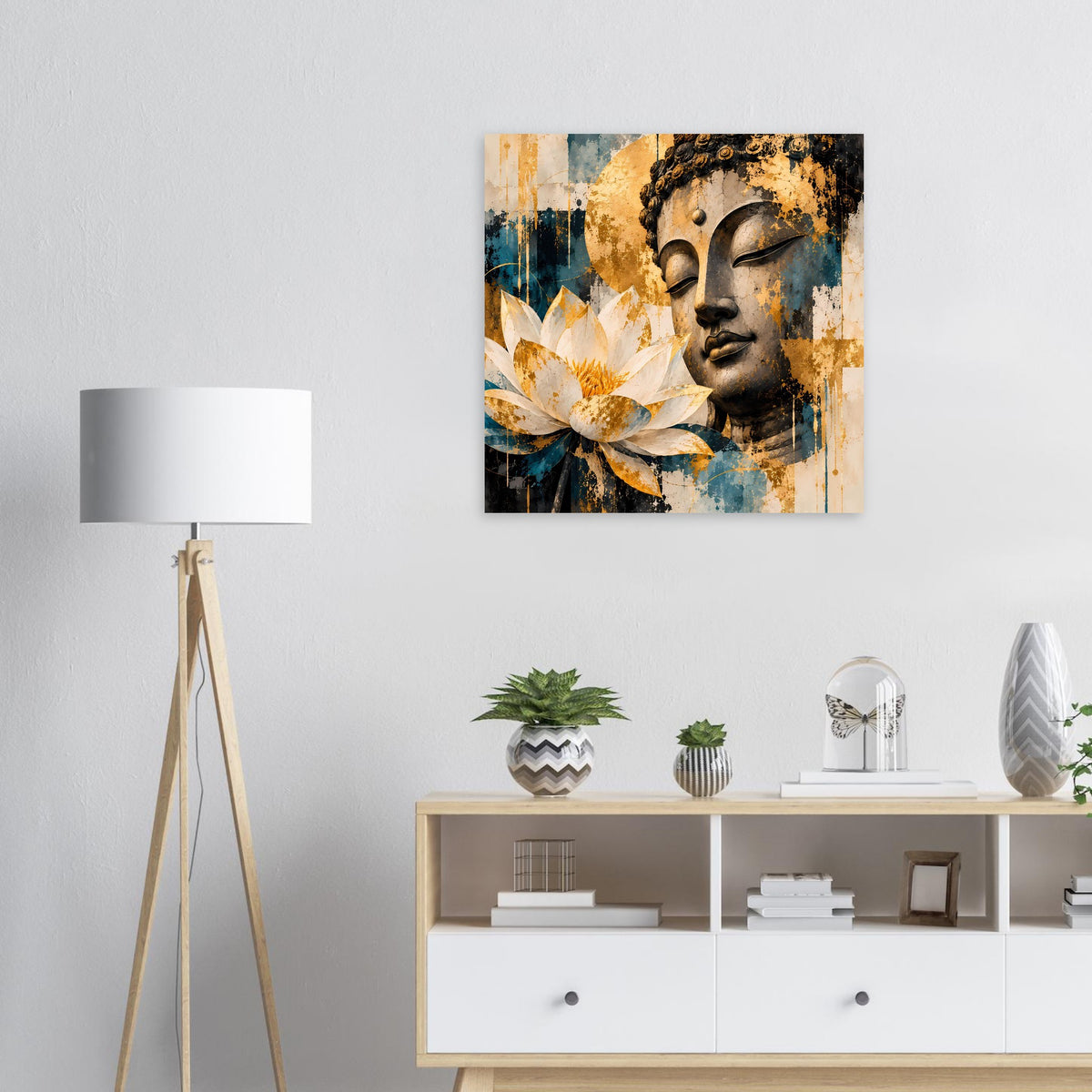 Quadratisches Buddha-und-Lotus-Wandbild mit goldenen, türkisblauen Farbflecken