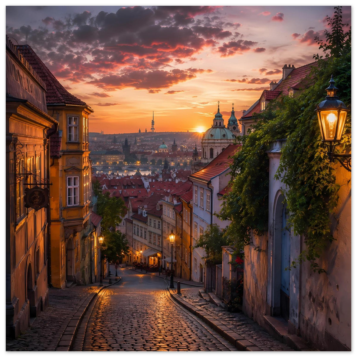 Stadtposter im Querformat: Kopfsteinpflastergasse, Laternen und Türme im Sonnenuntergang