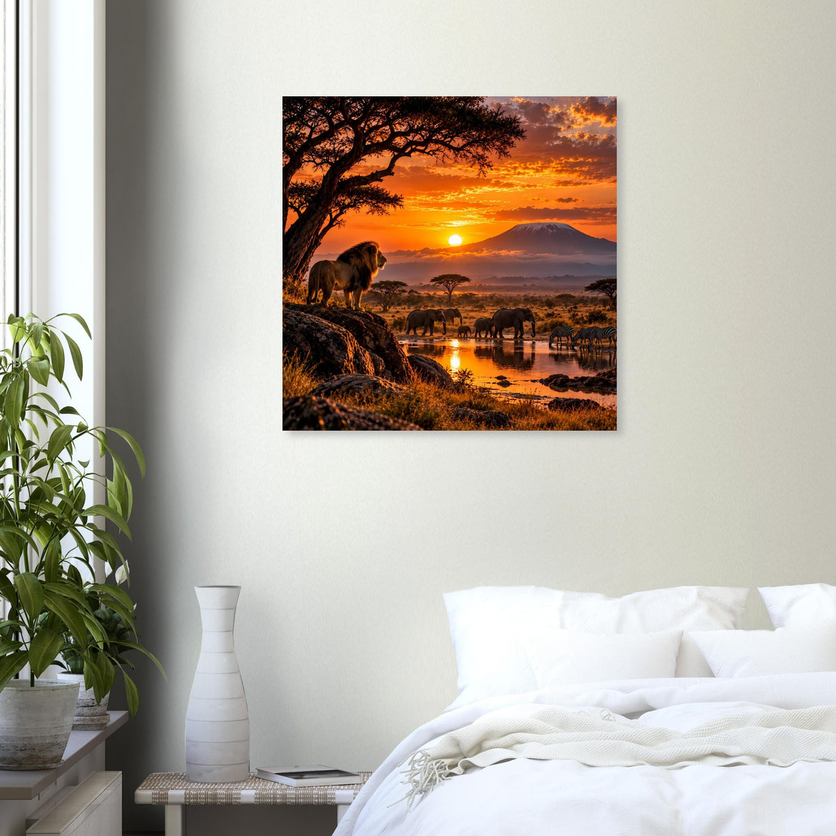 Poster mit Safari-Sonnenuntergang: Elefanten am Fluss, Akazienbaum und orangefarbener Himmel