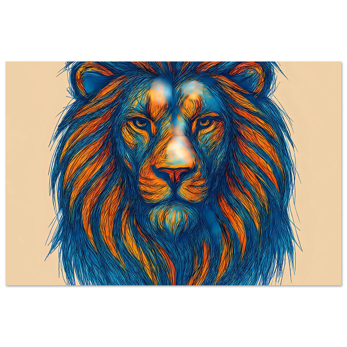 Löwenporträt-Poster: blau und orange illustrierter Löwenkopf, zentriert