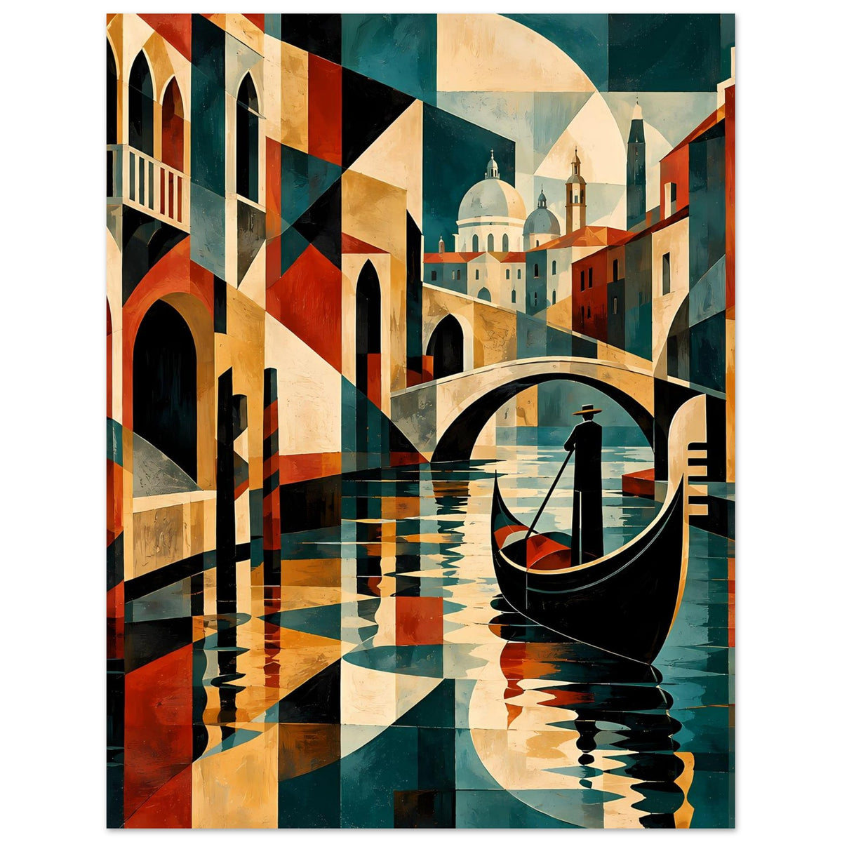 Venezianisches Poster mit geometrischem Design: Gondel, Brückenbogen, Gebäude in warmen Farben.