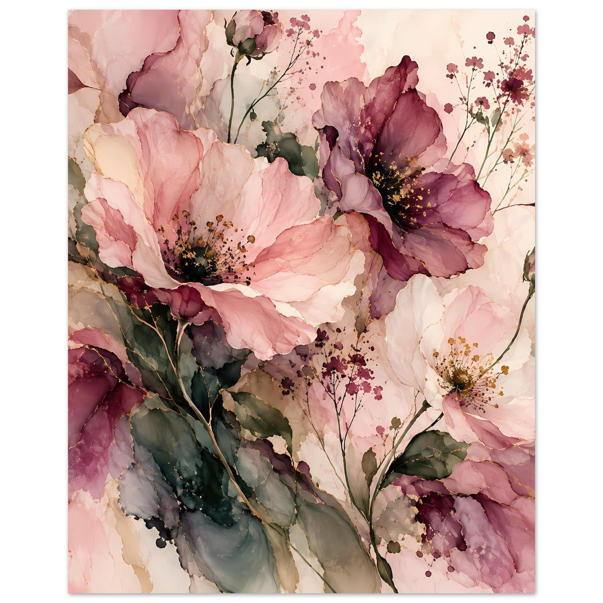 Blumenposter mit üppigen rosa Blüten, burgunderroten Blüten und grünen Blättern