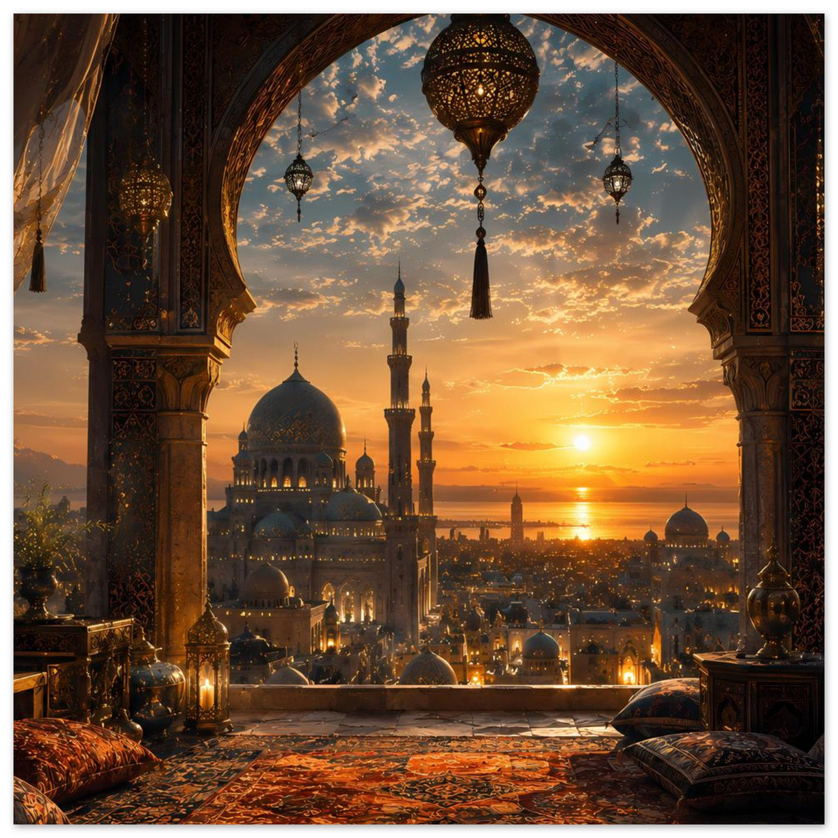 Poster mit Moscheeminaretten, Stadtlichtern und goldenem Sonnenuntergang im Hintergrund