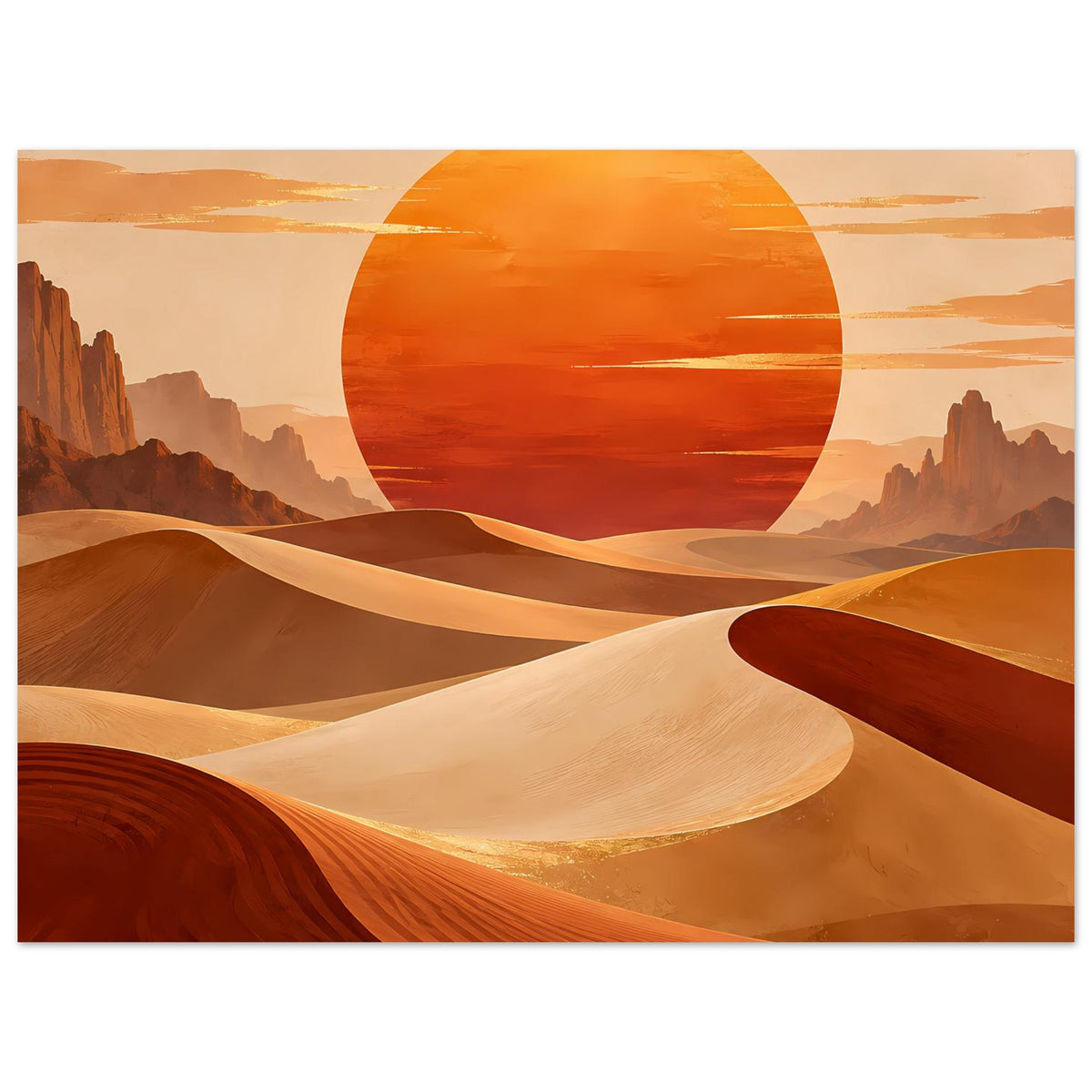 Horizontales Poster mit orangefarbener Sonnenscheibe, Dünenlandschaft und roten Akzenten