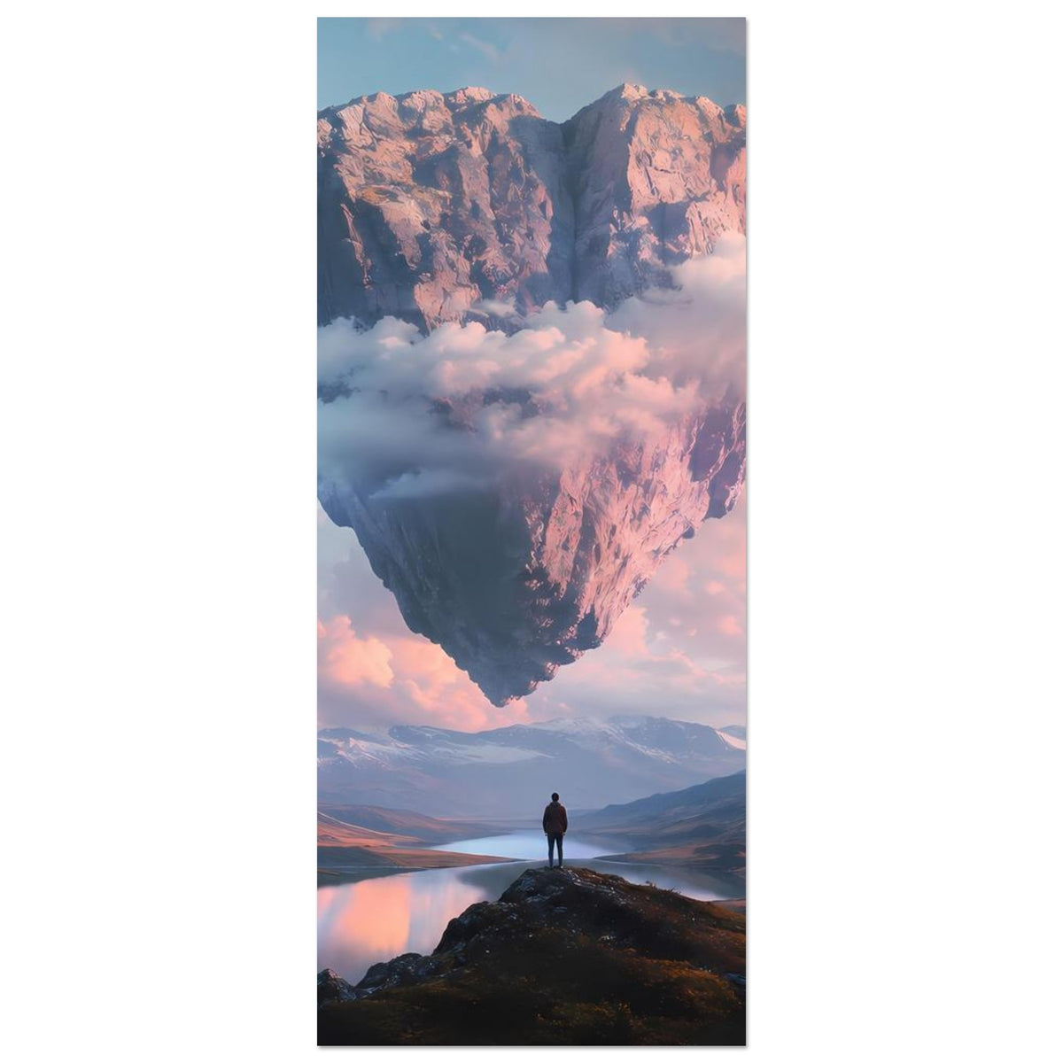 Schmalformat-Poster mit schwebendem Felsherz und Person auf Bergkuppe