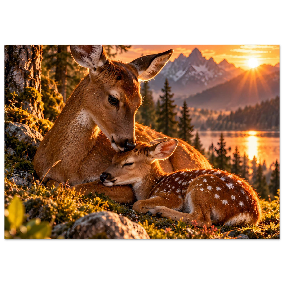 Poster im Querformat: Hirsch und Reh liegen im Gras, goldener Himmel, See und Berge