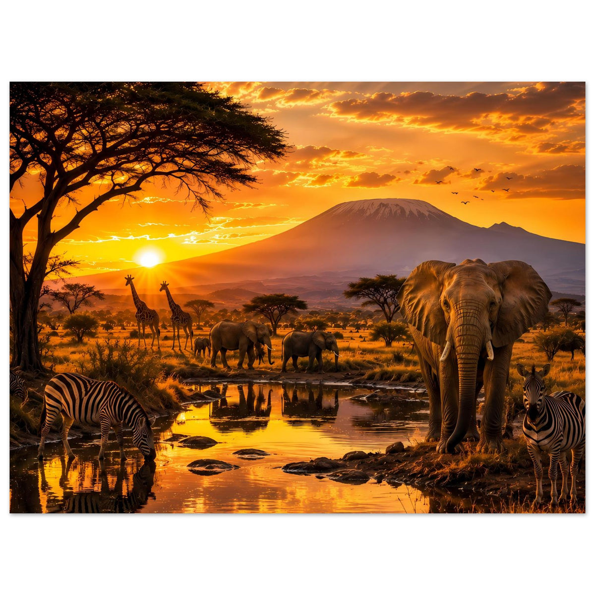 Afrika-Tierwelt-Poster mit Elefant rechts, Zebra links und Tieren am Fluss vor Berg im Abendhimmel