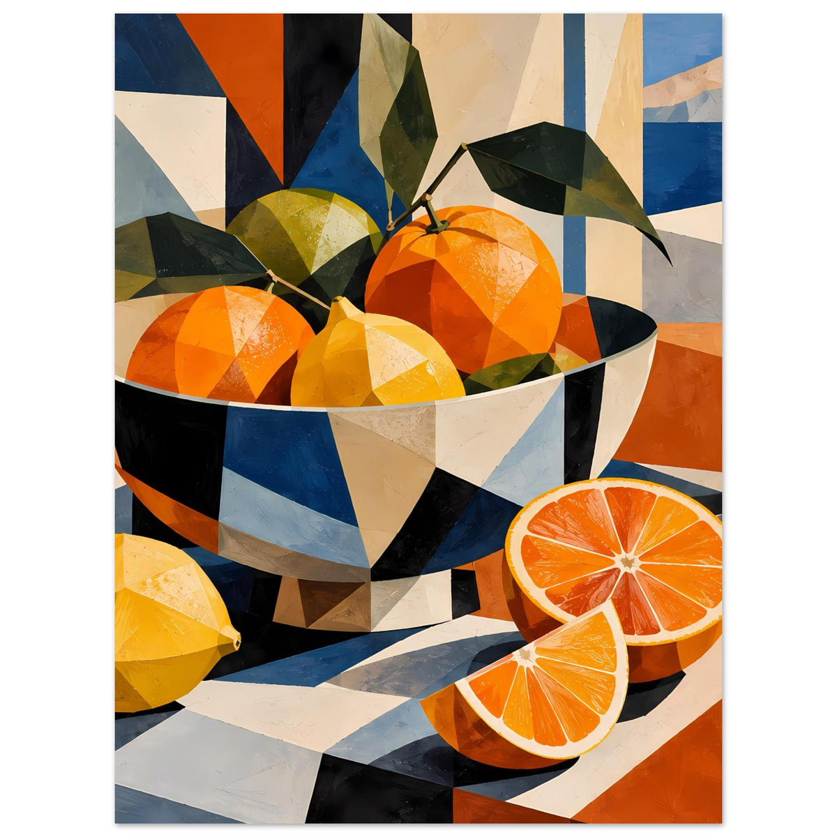 Poster-Zitrusmotiv: Orangen in Schale, links gelbe Zitrone, rechts drei Orangenspalten mit Segmenten.