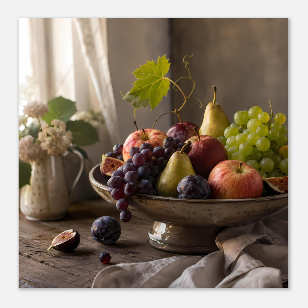 Querformat-Poster mit Obstschale und Weinrebe: Trauben, Äpfel und Birne im Stillleben
