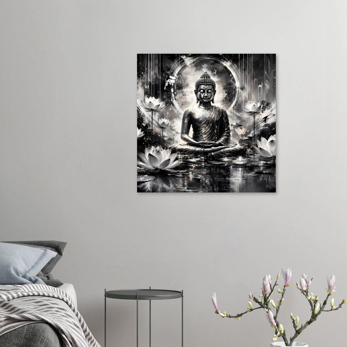 Kleines Buddha-Art Poster schwarzweiß: sitzender Buddha mit Kreis-Halo und Lotusblüten