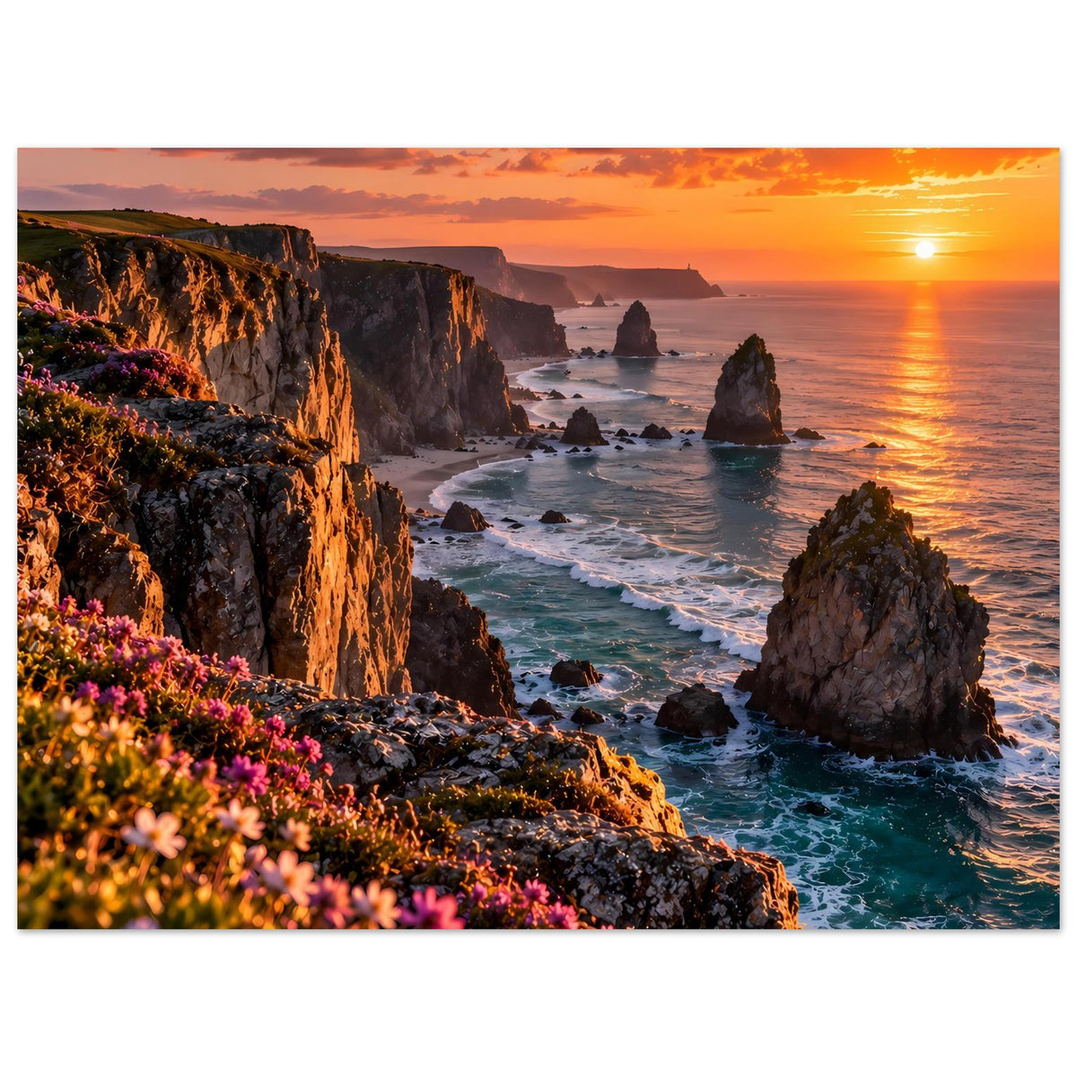 Horizontales Küstenposter: Felsen, Meeresbrandung und leuchtender Sonnenuntergang