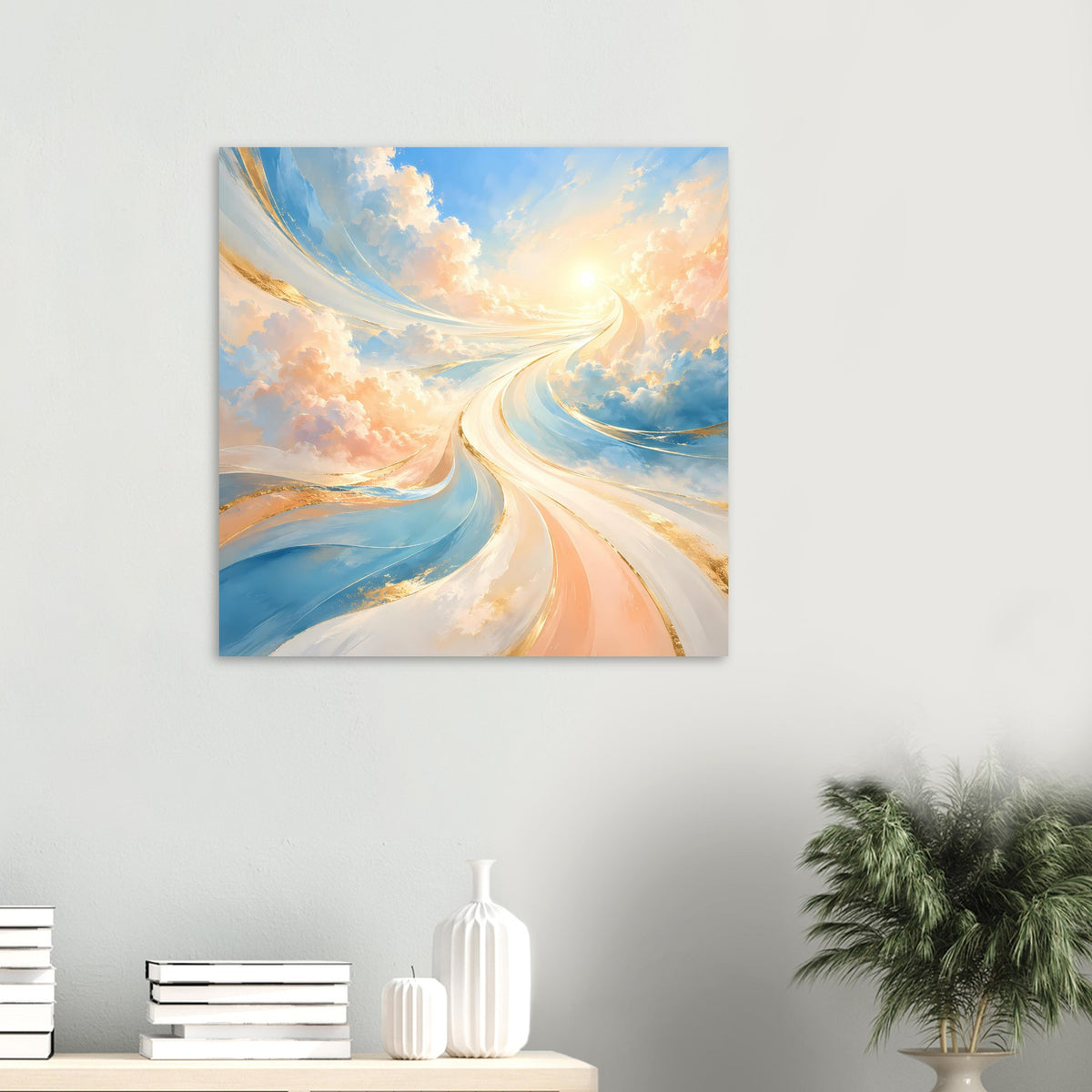 Kleines Fantasie-Poster, Sonnenmotiv und blaue Lichtkurven in Pastellfarben