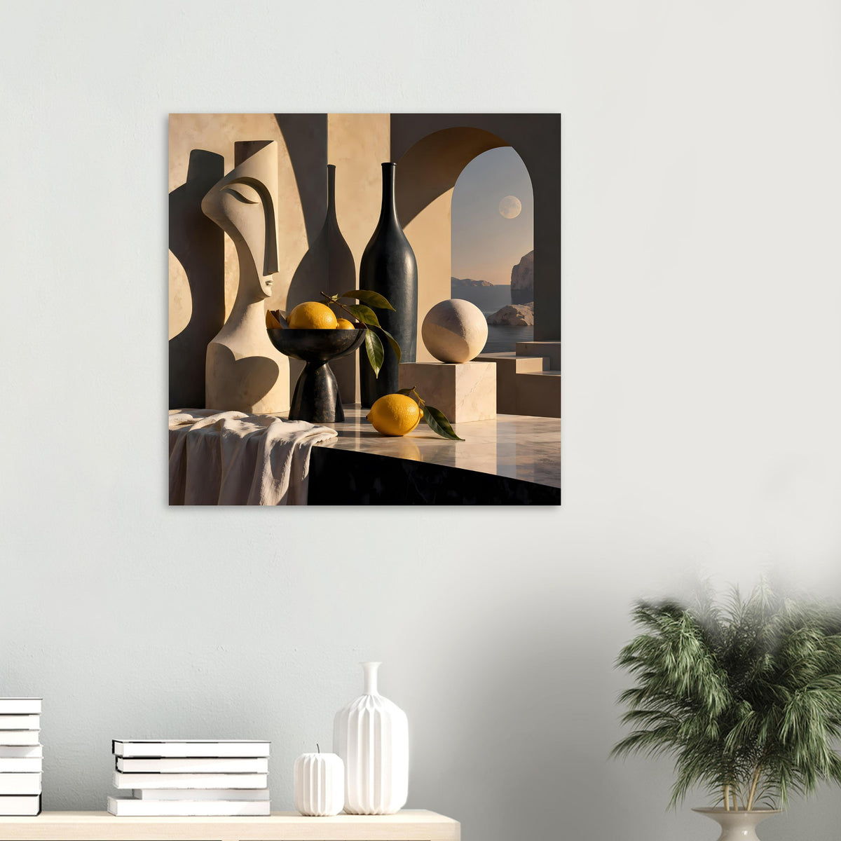 Wandposter: Stillleben mit schwarzer Schale, Zitronen, grünen Blättern und Mond über der Küste