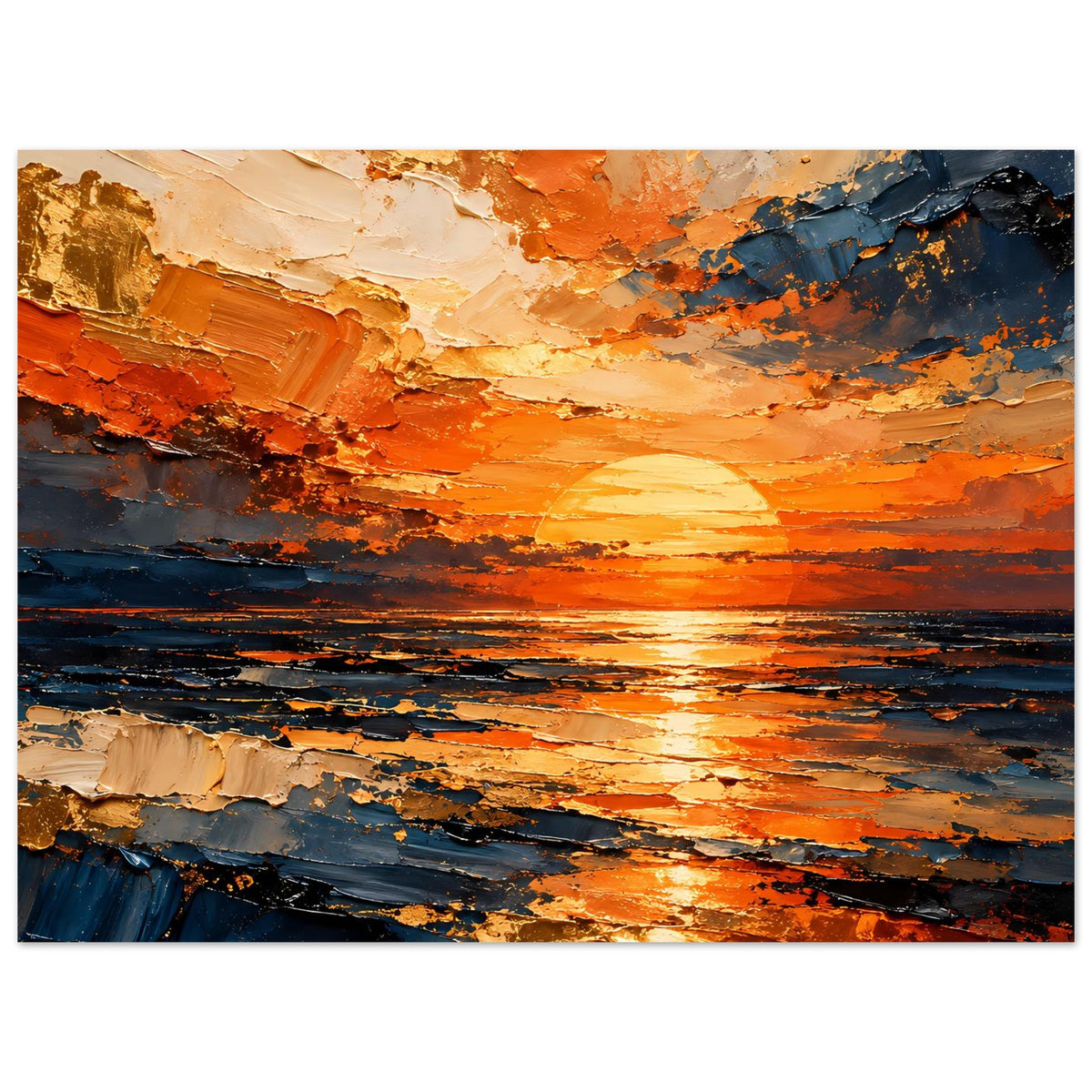 Abstraktes Sonnenuntergangs-Meer Poster, orange Sonnenstreifen über blauem Meer, Nahansicht