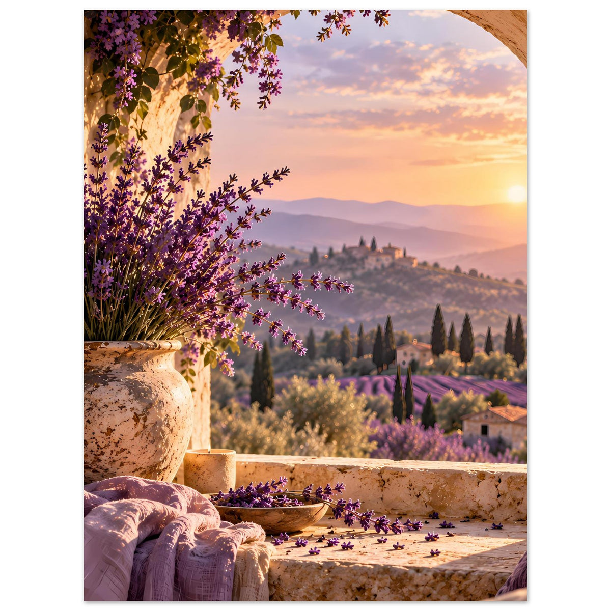 Poster im Hochformat: Lavendelblüten, Vase, Steinmauer und warmer Abendhimmel
