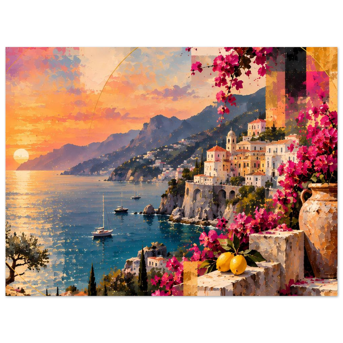 Poster im Querformat: Küstenstadt mit pinken Blüten, Boote im Wasser und warmem Abendlicht