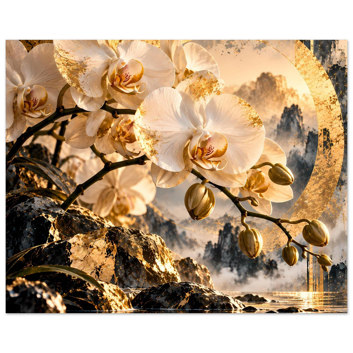 Orchideenblumen-Poster im Querformat: weiße Blüten, goldene Sprenkel und dunkle Felsen