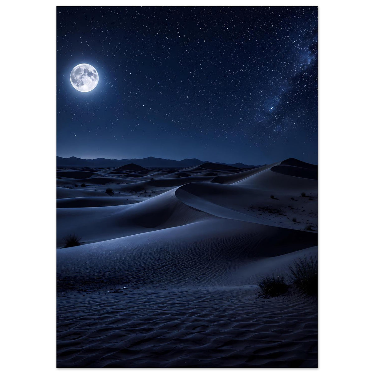 Wandposter: Vollmond über Dünen, Sternenhimmel mit weicher Bergkette am Horizont