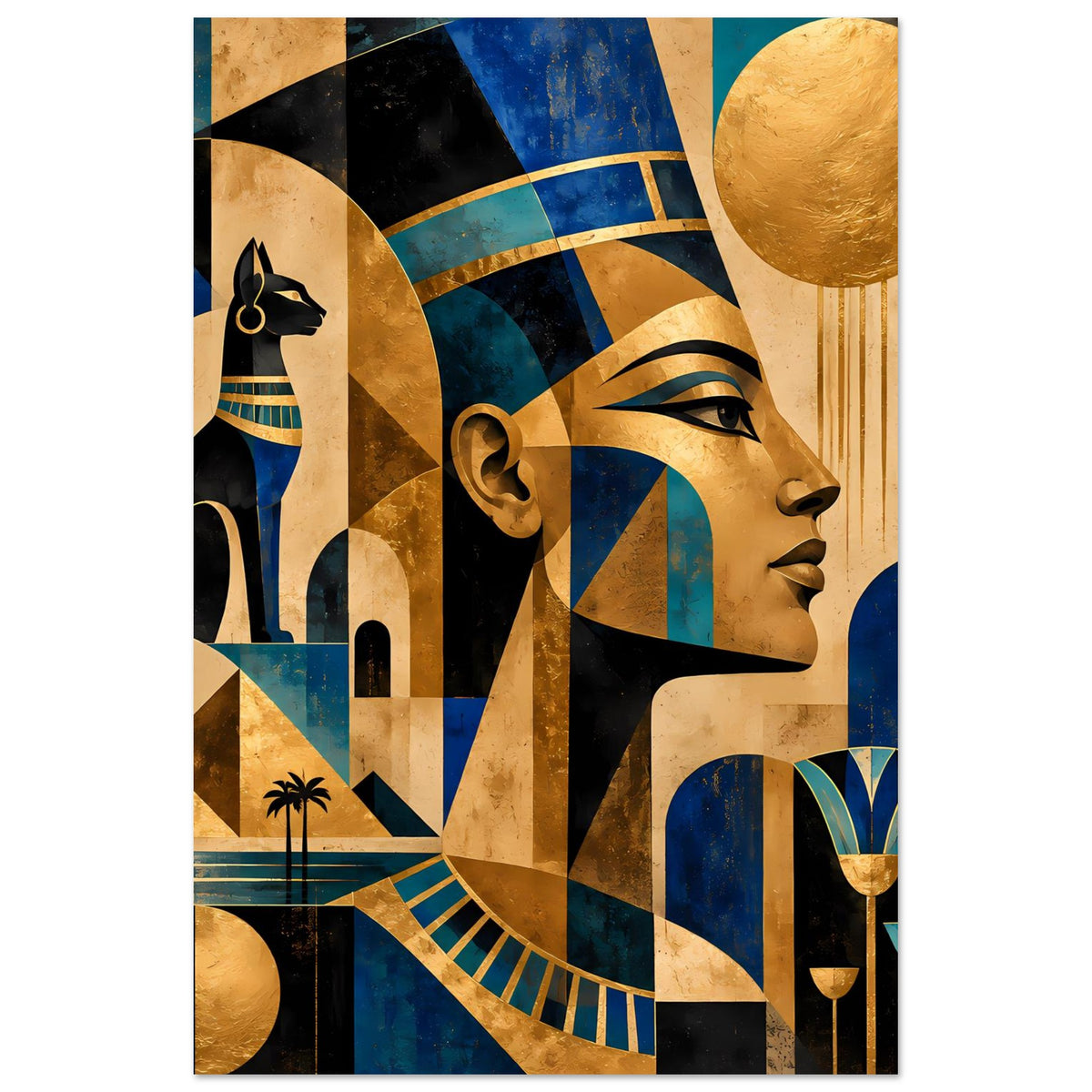Ägyptisches Poster im Vertikalformat: Pharao-Profil, Goldkreis, blaue und goldene Ornamente.