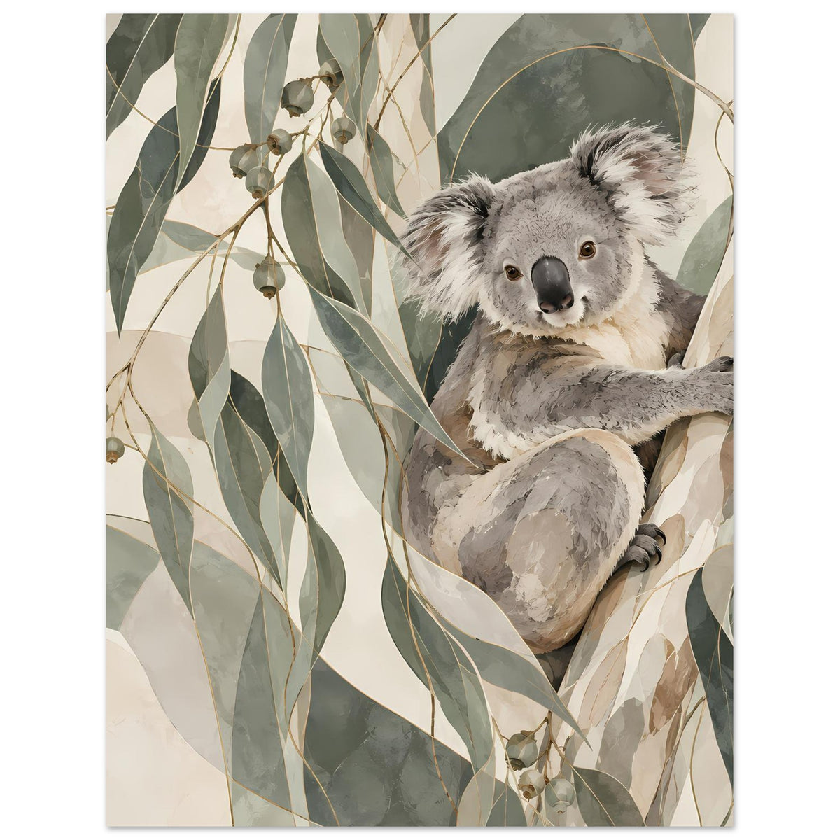 Koala-Porträtposter Hochformat: sitzender Koala mit weichen Federn und Pflanzenzweigen.