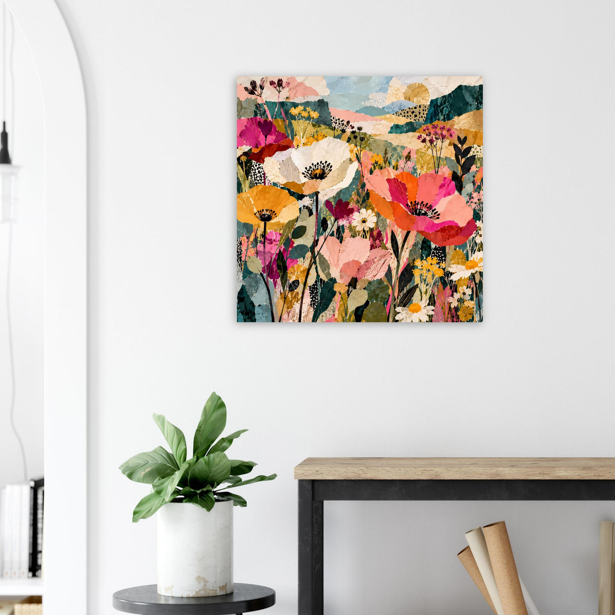 Quadratisches Blumenmotiv-Poster mit bunten Blüten und Farbflächen