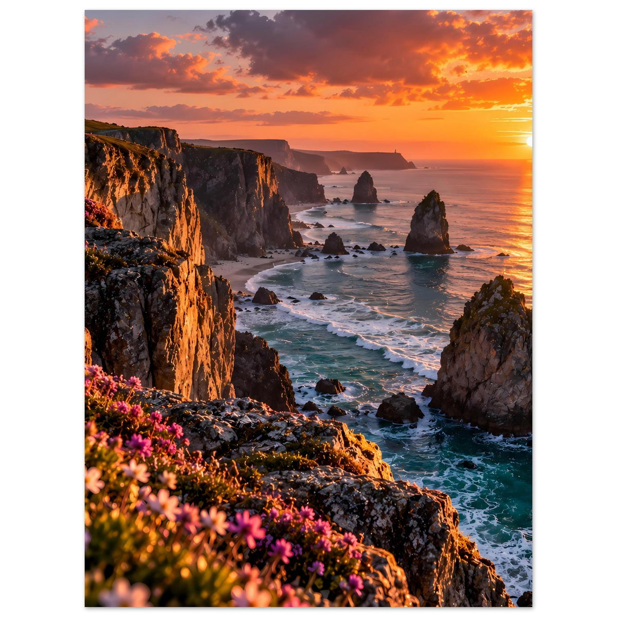 Vertikales Poster: Klippenküste, Brandungswellen und orangefarbener Sonnenuntergang