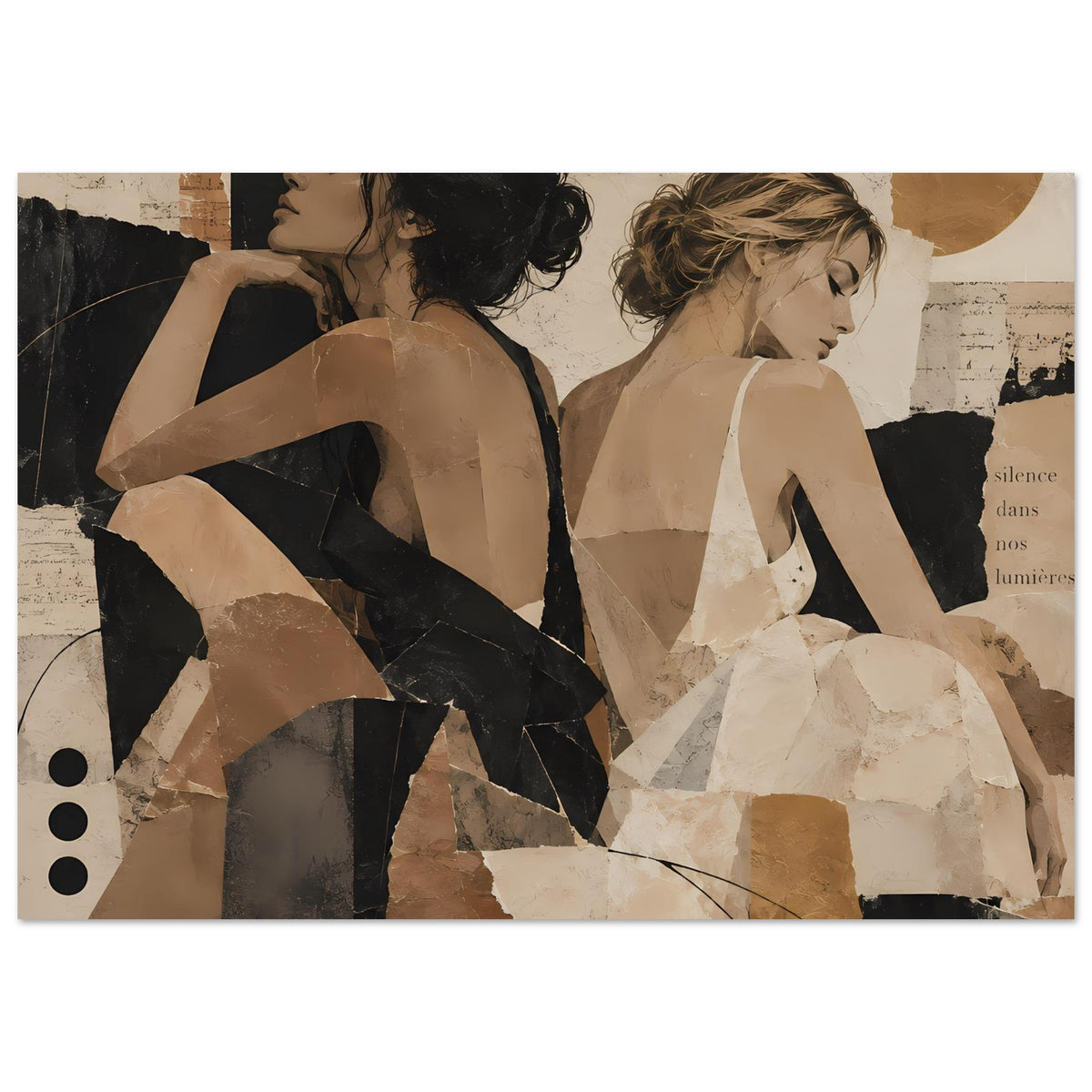 Collage-Poster im Querformat: zwei Frauenprofile, Schwarz-, Beige- und Brauntöne