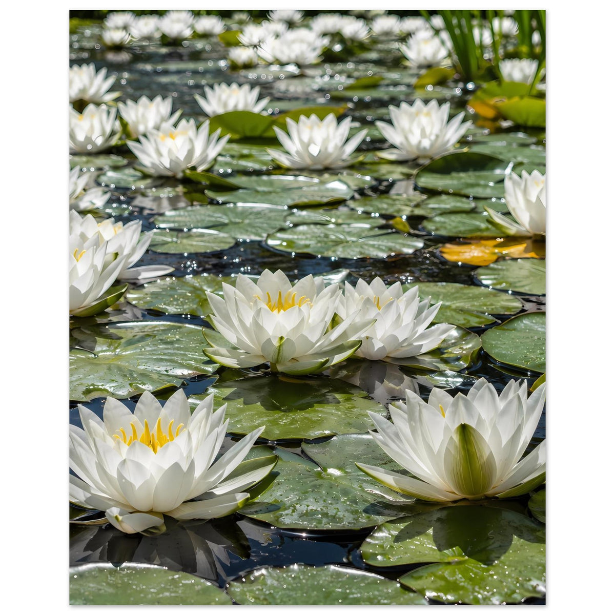 Poster mit weißen Seerosen und grünen Blättern auf Wasser, mehrere Blüten im Vordergrund.