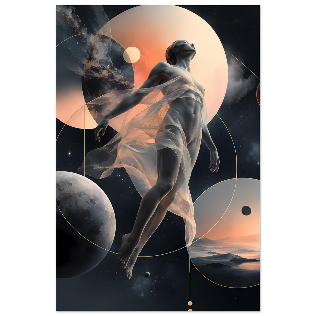 Vertikales Poster mit abstrakter Astralfigur, Monden und Kreisen in dunkler Farbpalette