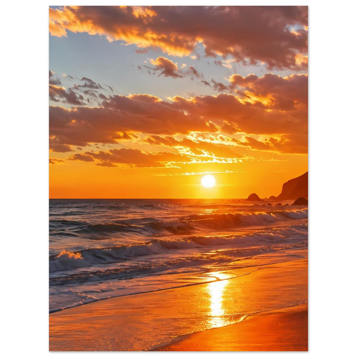 Vertikales Strand-Sonnenuntergangs-Poster mit orangefarbenem Himmel und Sonne über dem Meer